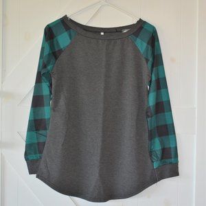 Buffalo check long sleeve baseball raglan teal green black grey size S
